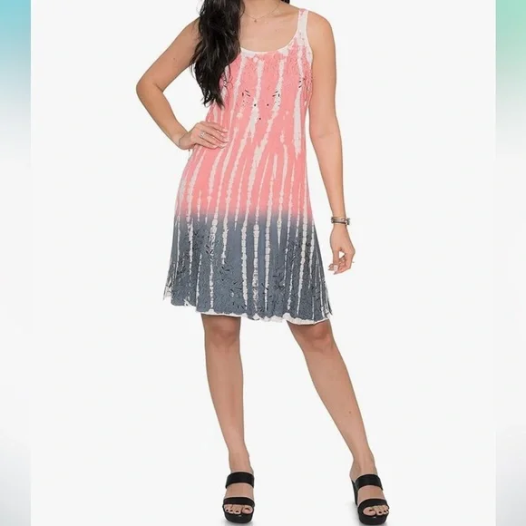 Raya Sun Tie Dye Beachy BOHO Tank Pink and Gray Sleeveless Mini Sundress - Picture 1 of 16